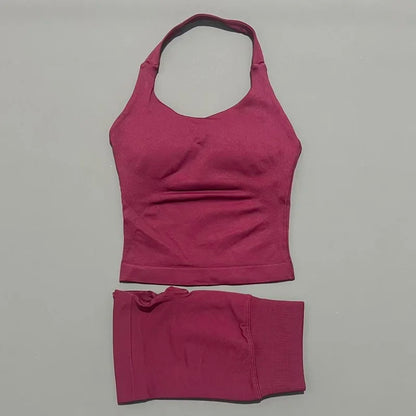 Women Seamless Gym Set 2Pcs Halter Neck Sports Crop Top High Waist Scrunch Butt Shorts Workout Fitness Yoga Tracksuit Sportswear