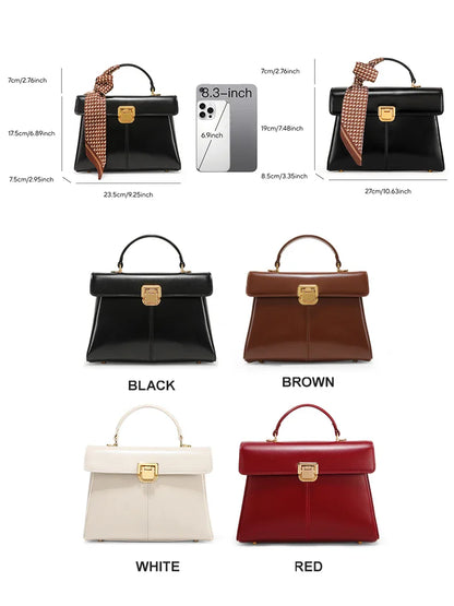 Genuine Leather Handbag with Scarf | Luxury Designer Trendy Shoulder Bag Solid Color Commuting Bag | bags for women gift