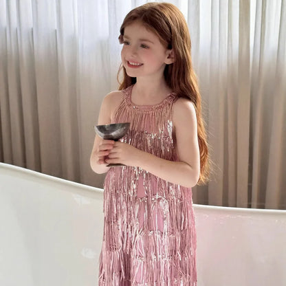 Vestido Infantil Meninas 2025 Verão Novo Moda Infantil Vestido de Borla Brilhante de Luxo Vestido de Aniversário para Meninas