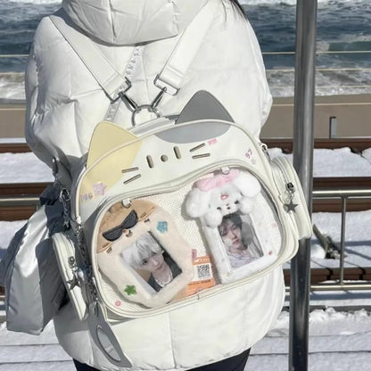 Korean Kawaii Cat Lolita Bag Cute PU Shoulder Bag Girls Transparent Pocket Harajuku Crossbody Bag Women's Fashion Backpacks