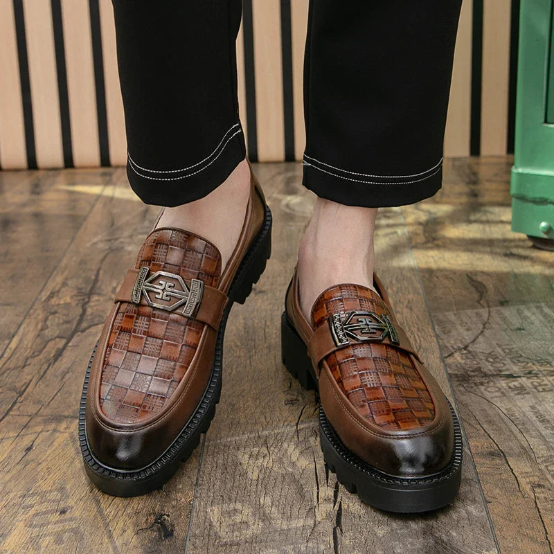 Men Loafers PU Thick Sole Round Toe Checkered Pattern Fashionable Classic Business Formal Shoes