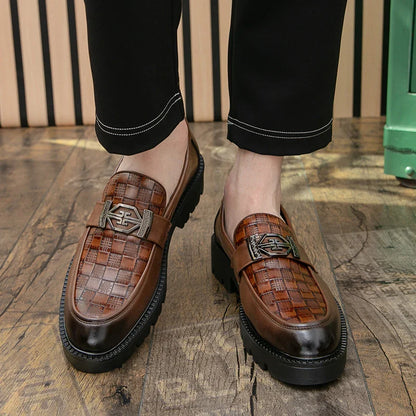 Men Loafers PU Thick Sole Round Toe Checkered Pattern Fashionable Classic Business Formal Shoes