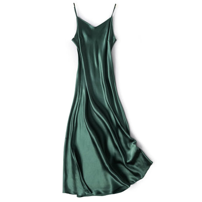 100% Natural Mulberry Silk Plain Satin French V-neck Diagonal Cut Women's Sexy Solid Suspender Dress