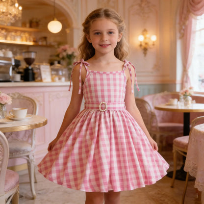 Girls Cute Dress Plaid Pink Vintage Dresses Casual Slim Dress Evening Party Summer Clothes for Girls Vestidos 3 4 5 6 Years
