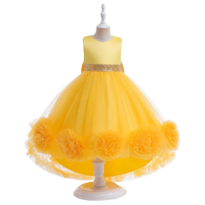 Elegant Trailing Flower Party Girls Dress Summer Wedding Bridesmaid Princess Prom Dress Girl Tull Bow Birthday Evening Ball Gown
