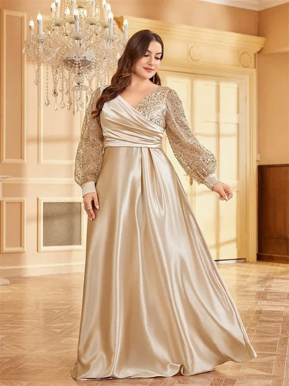 Plus Size Luxury Green V-Neck Sequins Evening Dress Elegant Women Party Maxi Dress Long Sleeve Cocktail Gowns Prom