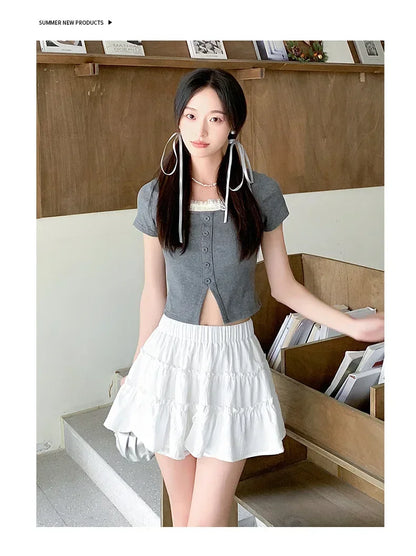 Elegant pink mini dress new summer thin style French ballet design cake skirt lace edge WOMEN'S JK skirt
