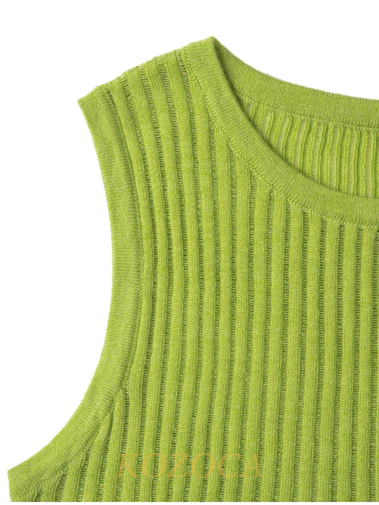 100% Wool Chic Solid Tanks Elegant Striped See Through Hollow Out Women Tops Sleeveless Elastic Tops Club Party Clothes