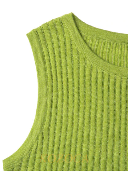 100% Wool Chic Solid Tanks Elegant Striped See Through Hollow Out Women Tops Sleeveless Elastic Tops Club Party Clothes