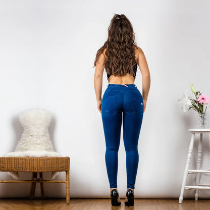 Mid Rise Super Stretch Skinny Jeans Mom Jeans Dark Blue Pull On Straight Leg Bum Lifting Jeggings Women
