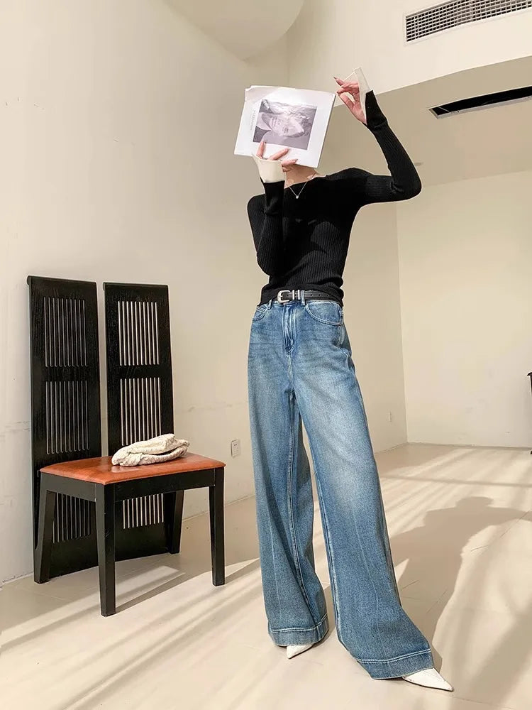 Blue Washed Casual Jeans Women'S New Straight Leg Loose Wide Leg Pants