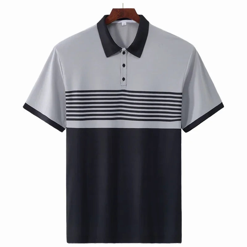 Striped Polo Shirt Men Plus Size 1XL-7XL 110-180kg Short Sleeve T-Shirt Loose Polos Oversized Tops Grey White Big Male Clothing