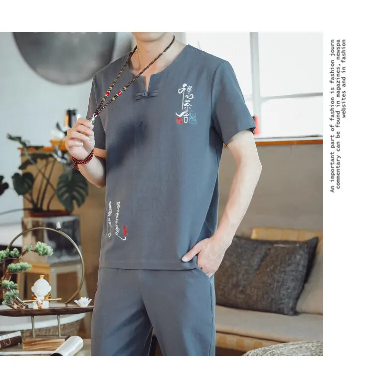 (Shirt + trousers) 2025 summer Chinese Style men shirt Cotton and linen shirts men's High quality casual shirts Two Piece M-5XL