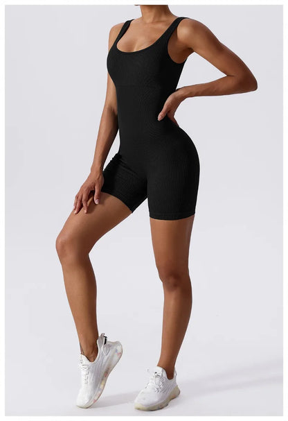 Women's Yoga Rompers One Piece Tummy Control Seamless Ribbed Jumpsuit Padded Sports Bra Workout Romper Fashion Fitness Sportwear