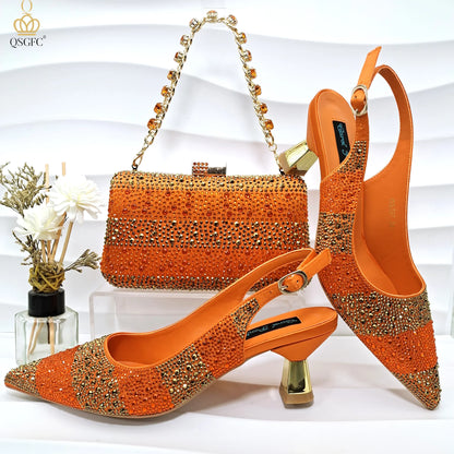 Gold Color Elegant Women Heels Shoes and Bag Set Hollow Rhinestones  High Heels Wedges Shoes Matching Bag
