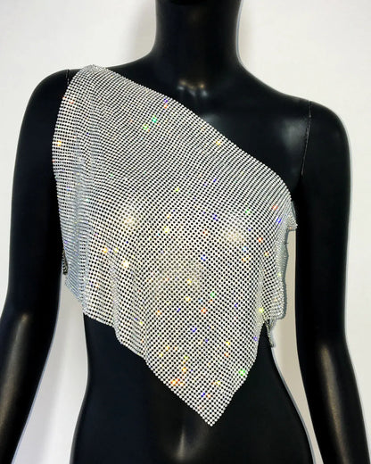 Shiny Rhinestone Metal Camisole For Women Sexy Backless Single shoulder Side Split Tank Tops Cocktail Party Club Crop Top Y2K