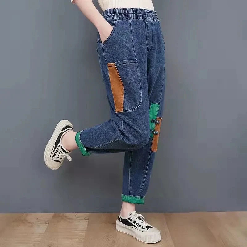 Vintage Patch Denim Stretch Harem Pants for Women