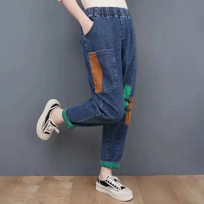 Vintage Patch Denim Stretch Harem Pants for Women