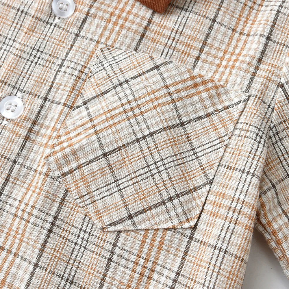 Boy Autumn Cotton Long Sleeve Plaid Shirt and Strap Pants Set Boys' Strap Pants Set Boy Red Pants and Shirts for 70cm-160cm