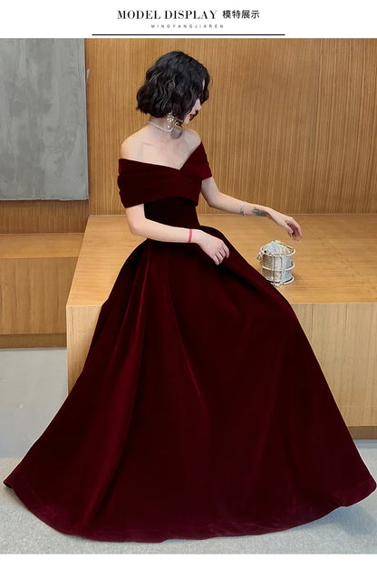 Spring Long Luxury Elegant Wine Red Soft Velvet Evening Party Wedding Dresses for Women 2022 Off Shoulder Maxi Dress