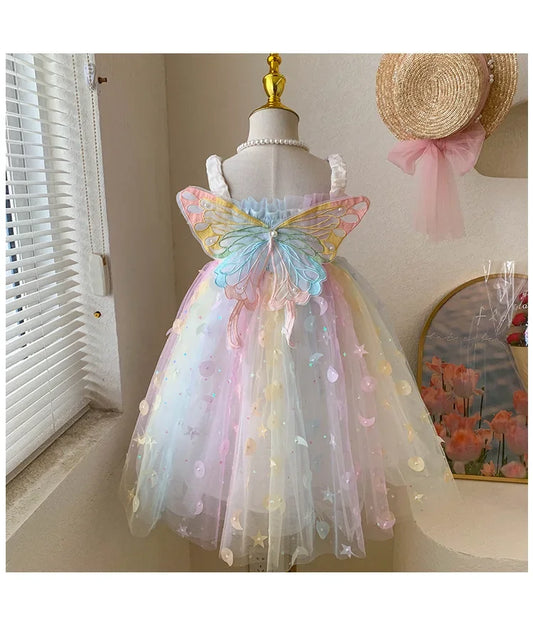 Vestido Sem Manga de Fada para Menina Apresentação Asa de Borboleta Colorida Arco-Íris Saia Pastel Festa Decorações de Show Lua Infantil