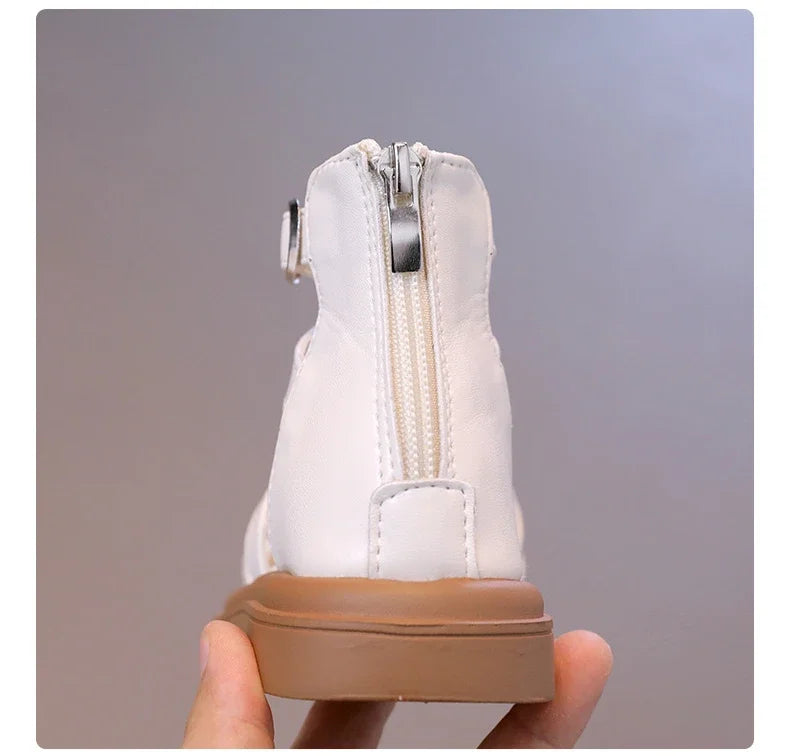 British Style Children's Sandals Girl 2024 Summer Kids Hollow-out Beach Shoes Fashion Causal Girls High-top Simple Roman Sandals