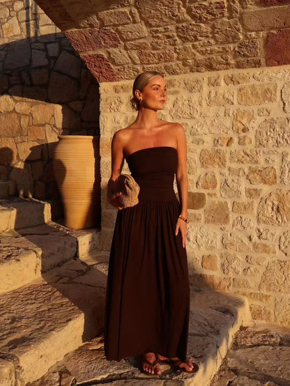 women's new dress elegant sexy off-shoulder fashion pleats details slimming strapless dress