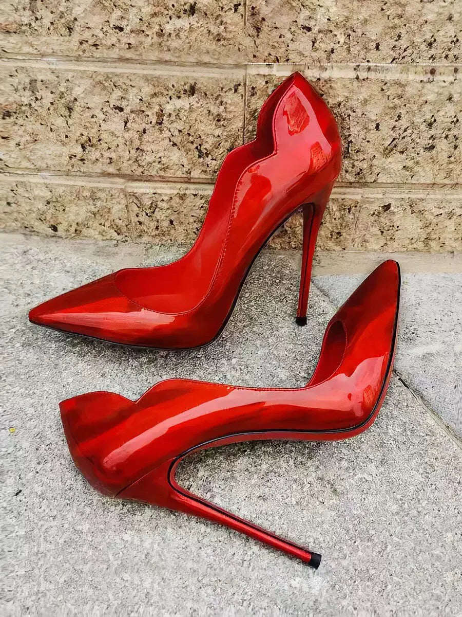 Curved edge shallow mouth gradient red12cm high heels for women,ultra-fine heels,temperament plus size professional single shoes