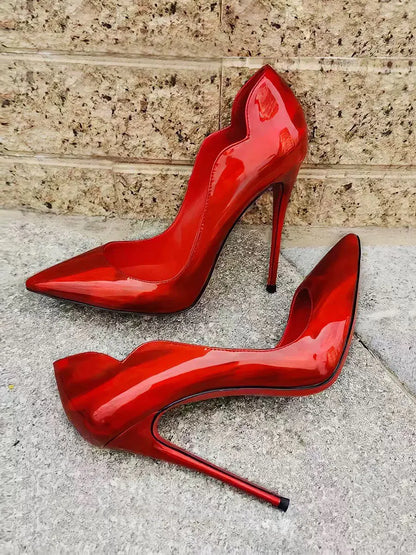Curved edge shallow mouth gradient red12cm high heels for women,ultra-fine heels,temperament plus size professional single shoes