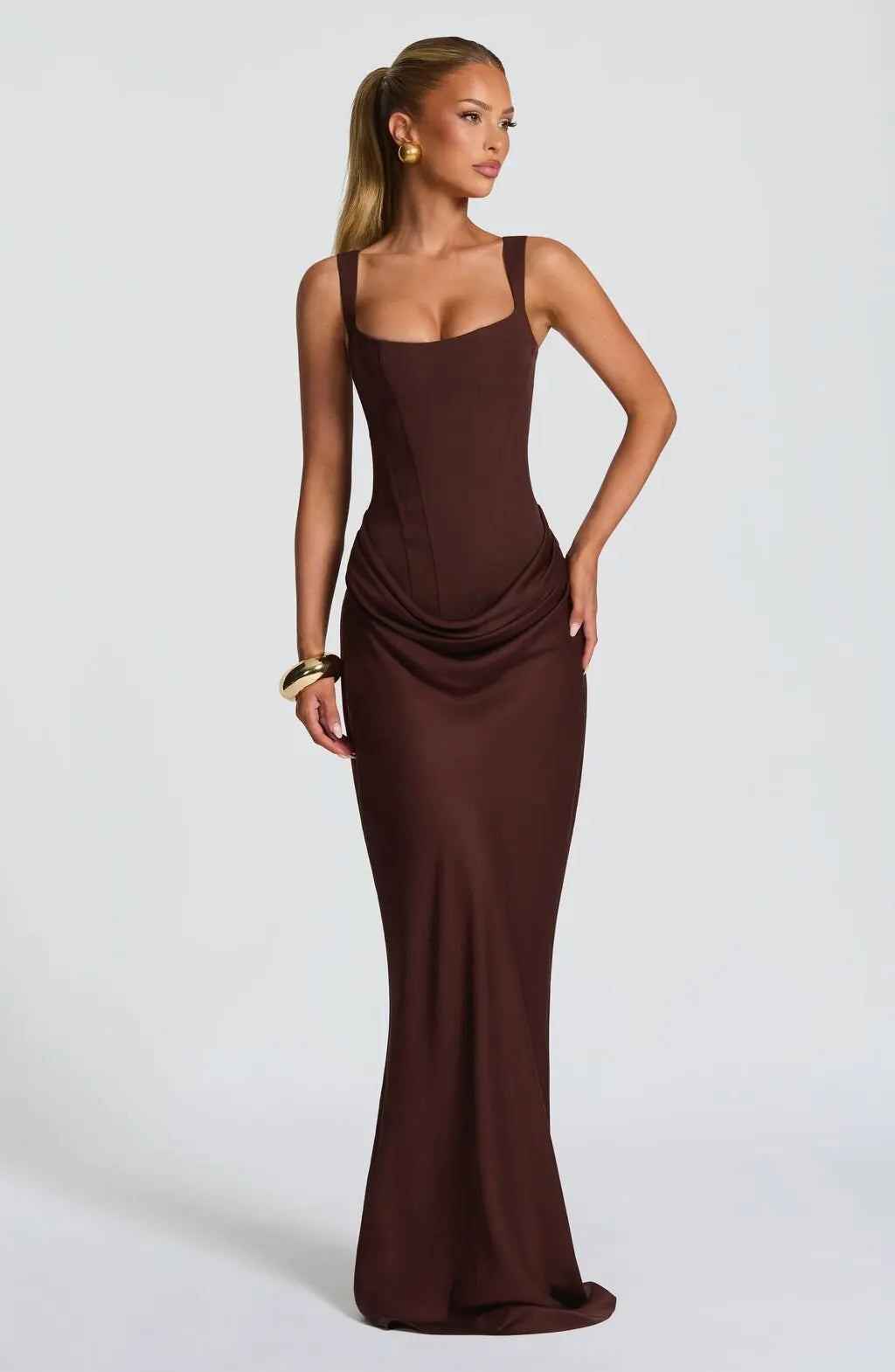 Women's casual long sleeved slim fit fishbone pure desire suspender jumpsuit long skirt slim fit solid color hip hugging dress