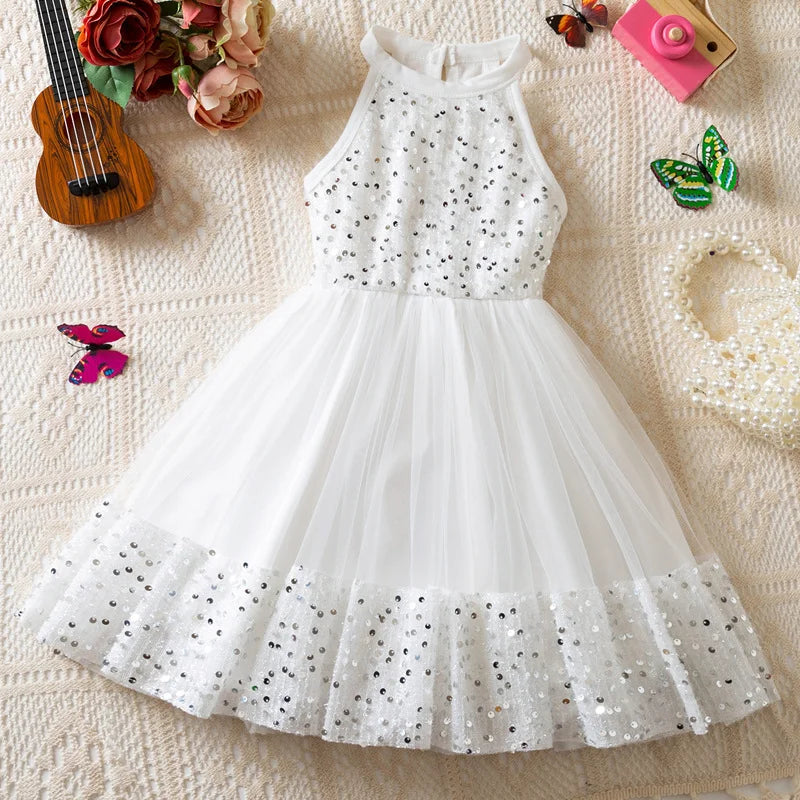 Girl Party Princess Dress Summer Sequin Tulle Dress Elegant Party Red/Pink/White Dresses 3-7Y for Wedding Birthday Holiday Gift