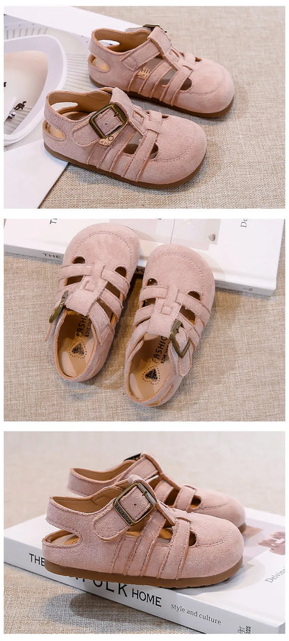 Kids Suede Sandals for Girls Anti-slippery Sole Toddler Roman Shoes with Pastel Colors Princess Beach Garden Shoes Barefoot Ins