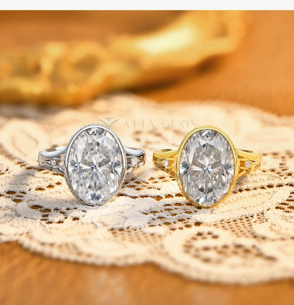 Oval Cut 10CT Dazzling Moissanite Ring 925 Sterling Silver Milgrain Bezel Promise Band ForWomen Vintage Wedding Jewelry