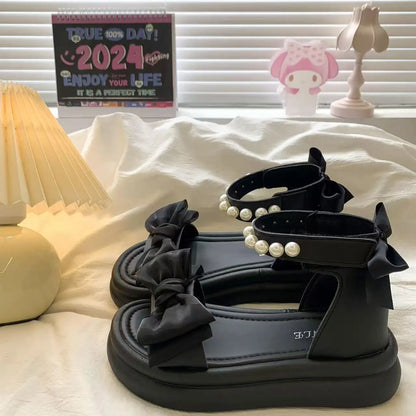 Girls Sandals Pearl Bow Princess Shoes 2026 Summer New Children's Beach Shoes Girls Soft Sole Sandals