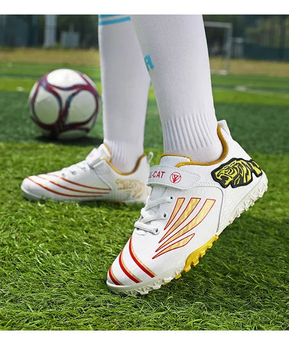 Fashion Gold Children's Football Shoes Outdoor Non-slip Turf Soccer Shoes Kids HOOK&LOOP Low-cut Sports Sneakers Child Trainers