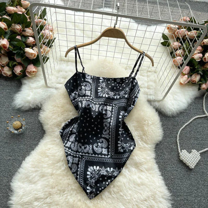 Women Sexy Backless asymmetrical lace-up Camis Print Tank Top Chic One-piece Corset Bustier Summer Beach vacation Crop Top