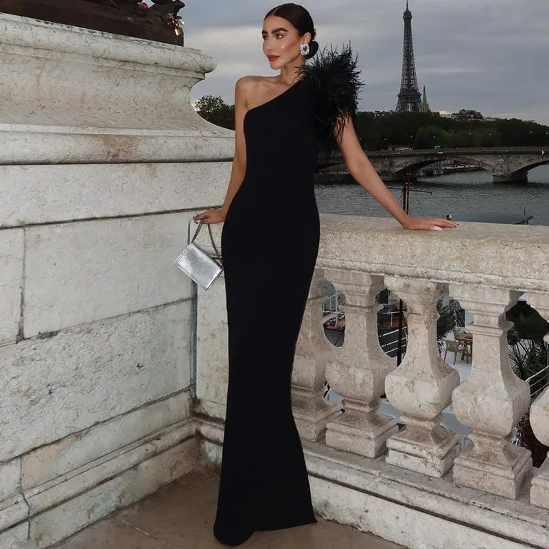 Black Sleeveless One Shoulder Maxi Dress For Women Bodycon Sexy Party Elegant Long Dress Birthday Evening Outfit