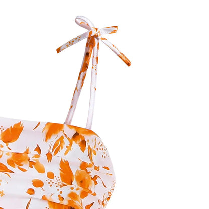 Girls 8-12 Orange Floral Summer Casual Dress, Front Spaghetti Strap Bow Decor Ruched Waist & Tiered Skirt, Daily Kids Outfit