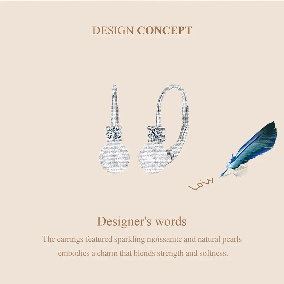 Moissanite Freshwater Pearl Earrings for Women Wedding, Round Cut Lab Diamond 925 Sterling Silver Drop Dangle Ear Buckles