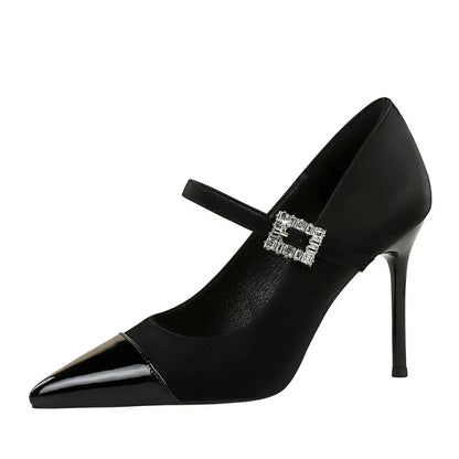Banquet High Heels Thin Heels Light Mouth Color-Blocked Pointed Toe Rhinestones One-Strip Ultra High Heels Single Shoes Elegant