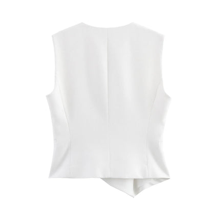Casual Women Solid Tops Asymmetric V-Neck Single Breasted Pockects Sleeveless Vest Fashion 2025 Autumn Blazer Tops