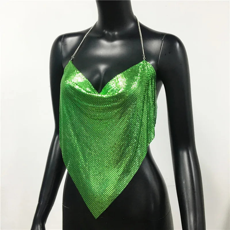 Women Solid Sequined Metal Camis Top 2025 Sexy Halter Backless V Strappy Party Nightclub Vest Cropped Tops