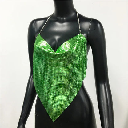 Women Solid Sequined Metal Camis Top 2025 Sexy Halter Backless V Strappy Party Nightclub Vest Cropped Tops