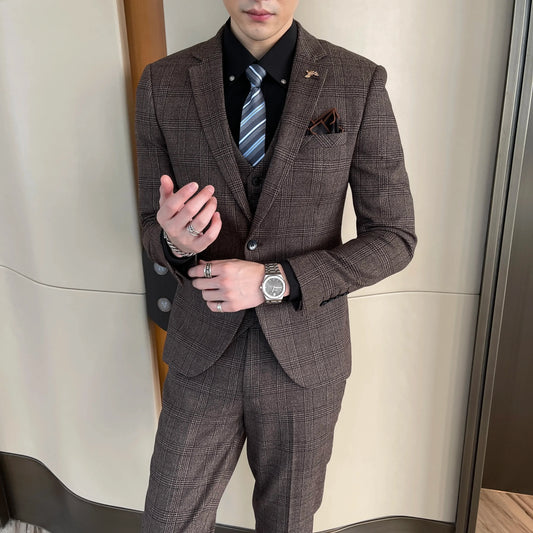 British Modified Plaid Three-Piece Suit for Men - Stylish Business Casual Suit Vest And Trousers Set