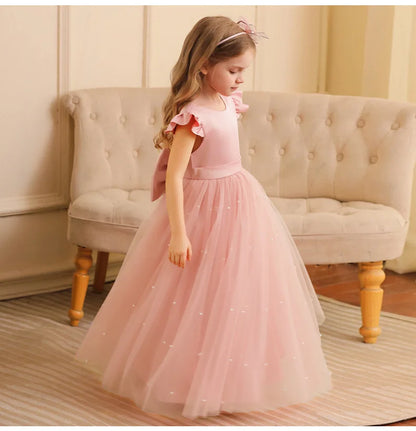 Summer Girl Flower Birthday Tulle Dress Backless Bow Wedding Gown Piano Kids Party Wear Princess Dress Baby Girl Bowknot Dresses