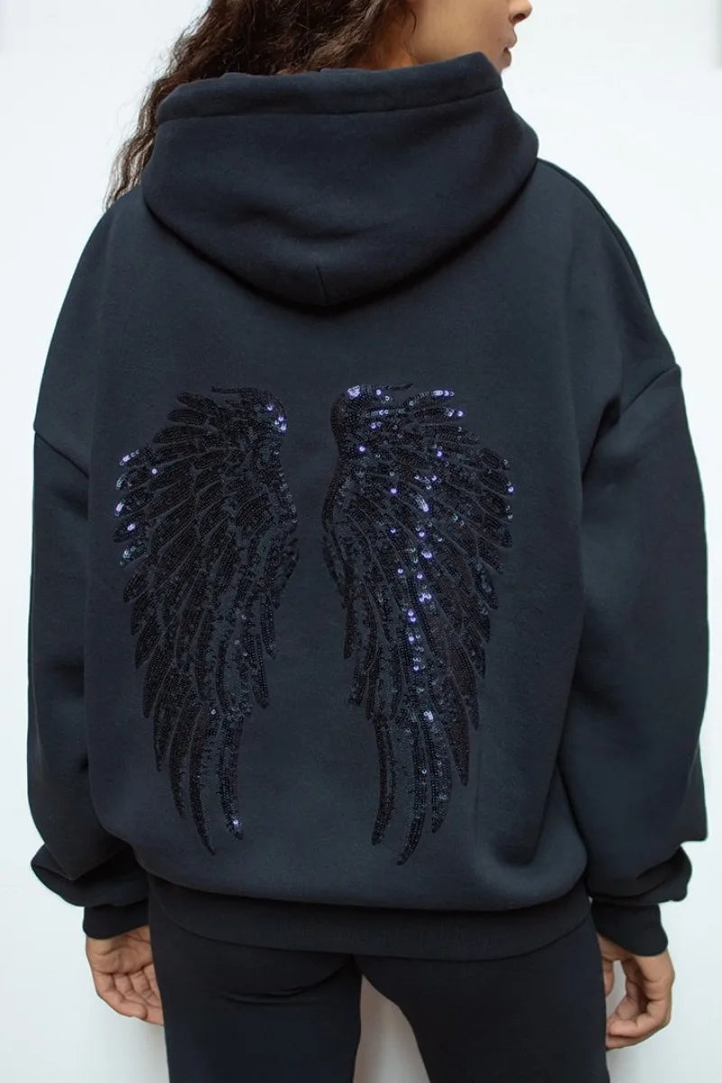 Y2K Retro Wings Sequin Hoodie Angel Wings Ornament Sweatshirt Harajuku Sweet Lady Casual Streetwear Relaxed Fit Pullover Coat