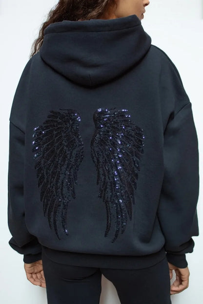 Y2K Retro Wings Sequin Hoodie Angel Wings Ornament Sweatshirt Harajuku Sweet Lady Casual Streetwear Relaxed Fit Pullover Coat