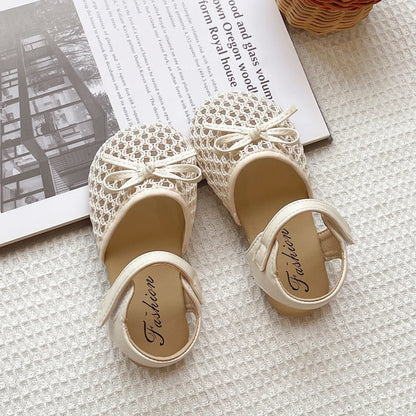 Girl's Sandals Breath-mesh Braided Adorable Summer Kids Sliders Bowtie Beige Sliver Round Toe All-match Childern Shoes 23-33