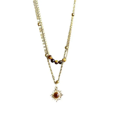 Vintage Leather Brown Stone Pendant Necklace Women's Retro Stacking Choker Temperament Clavicle Chain Hip Hop Jewelry Accessory