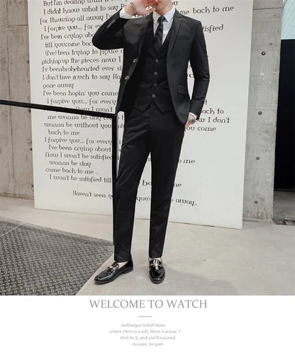 Solid Color Suit Men's Fashionable Gentleman Business Banquet Korean-style Formal Dress Casual Wedding (Blazer+Vest+Trousers)